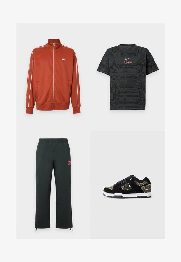 Rustorange sportstrøje med lynlås, hvide striber på ærmerne og lille hvid Nike-logo på venstre bryst.; Sort T-shirt med et tekstureret mønster, der har en lille Nike-logo i lyseblå og en rektangulær logo-patch i kontrastfarver.; Mørkegrønne Nike-bukser med elastisk taljebånd, lige ben, lille rød og hvid Nike-logo-patch på låret og justerbare snore i manchetterne.; Sort ruskinds sneaker med camomønster på siden, hvid mellemsål og sort gummisål. Har snørebånd og logo-detalje på siden.