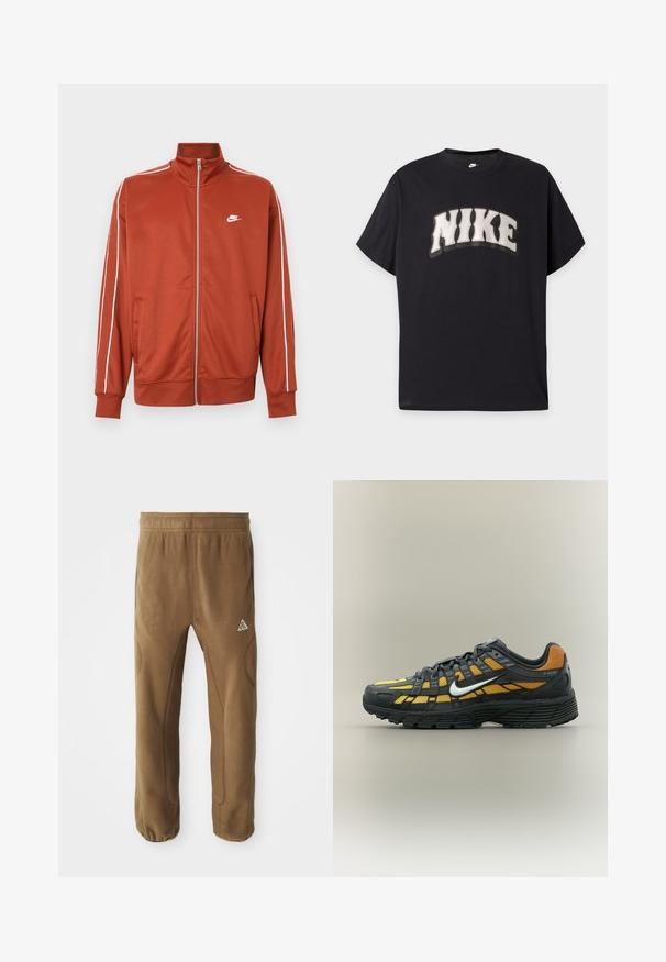 Sportjacke in Rostorange mit Reißverschluss, weißen Paspeln an den Ärmeln und kleinem weißen Nike-Logo auf der linken Brust.; Schwarzes T-Shirt mit kurzen Ärmeln und großem weißem "NIKE"-Text in fettem, welligem Stil auf der Brust sowie einem kleinen weißen Nike-Logo im Kragen.; Braune Fleece-Hosen mit lockerer Passform, ausgestattet mit schmal zulaufendem Bein, elastischem Bund und dezenten Steppdetails. Logo an der linken Oberschenkelvorderseite.; Schwarzer und gelber Nike P-6000 Sneaker mit weißem Swoosh, schwarzer Sohle und Obermaterial aus Mesh, seitliche Ansicht vor einfachem Hintergrund.