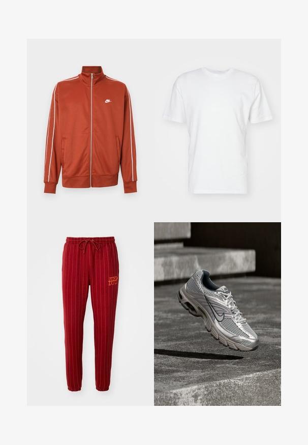 Športová bunda na zips v odtieni hrdzavo oranžovej farby s bielym lemovaním na rukávoch a malým bielym logom Nike na ľavej strane hrudníka.; Biela bavlnená tričko s krátkymi rukávmi, okrúhlym výstrihom a hladkou textúrou. Jednoduchý dizajn bez vzorov alebo grafiky.; Červené pruhované tepláky s elastickým pásom a šnúrkou. Obsahujú vyšívaný nápis "JUST DO IT" v oranžovej farbe. Mäkká tkanina s úzkym strihom nohavíc.; Strieborná a sivá bežecká obuv Nike zavalená vo vzduchu nad betónovými schodmi, zobrazujúca sieťovaný zvršok a detaily odpruženej podrážky.