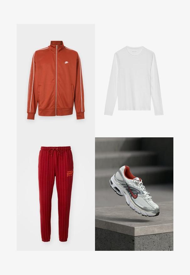 Rustorange sportstrøje med lynlås, hvide striber på ærmerne og lille hvid Nike-logo på venstre bryst.; Langærmet hvid T-shirt lavet af blød bomuld, med rund halsudskæring og en glat tekstur uden synlige mønstre eller accenter.; Røde stribede sweatpants med elastisk talje og snøre. Har "JUST DO IT" broderet i orange. Blødt stof med tapered ben design.; Hvid og sølv Nike løbesko med røde accenter, der svæver over en betonkant og viser dens side- og såldetaljer.