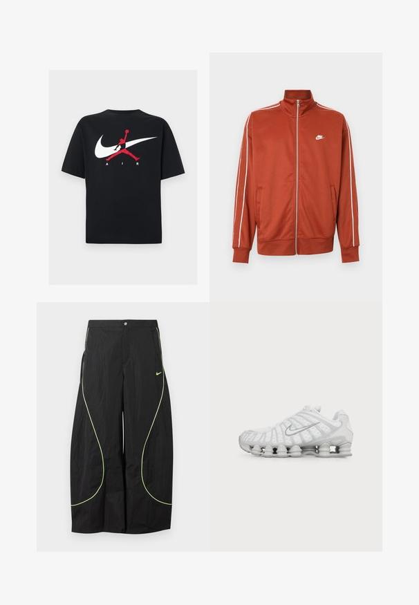 Veste de sport zippée orange rouille avec liseré blanc sur les manches et petit logo Nike blanc sur la poitrine gauche.; T-shirt en coton noir à col rond, avec un grand logo Nike swoosh blanc et un logo Jumpman rouge accompagné du texte "AIR" en blanc.; Pantalon large noir Nike avec passepoil courbé vert néon et petit logo Nike Swoosh sur la cuisse droite, fermeture par bouton et zip à la taille.; Chaussure de running blanche Nike avec semelle à coussin d’air visible et logo swoosh argenté sur le côté, vue de l'extérieur.