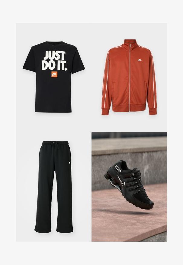 Športová bunda na zips v odtieni hrdzavo oranžovej farby s bielym lemovaním na rukávoch a malým bielym logom Nike na ľavej strane hrudníka.; Čierne bavlnené tričko s krátkymi rukávmi. S veľkým bielym textom "JUST DO IT." nad malým oranžovým logom Nike. Štandardný dizajn s okrúhlym výstrihom.; Čierne tepláky vyrobené z mäkkej tkaniny, s elastickým pásom a nastaviteľnou šnúrkou, a malým logom na boku.; Čierny bežecký topánok Nike Shox s bielym logom Swoosh, vo vzduchu nad ružovým betónovým povrchom na pozadí sivej kamennej steny.