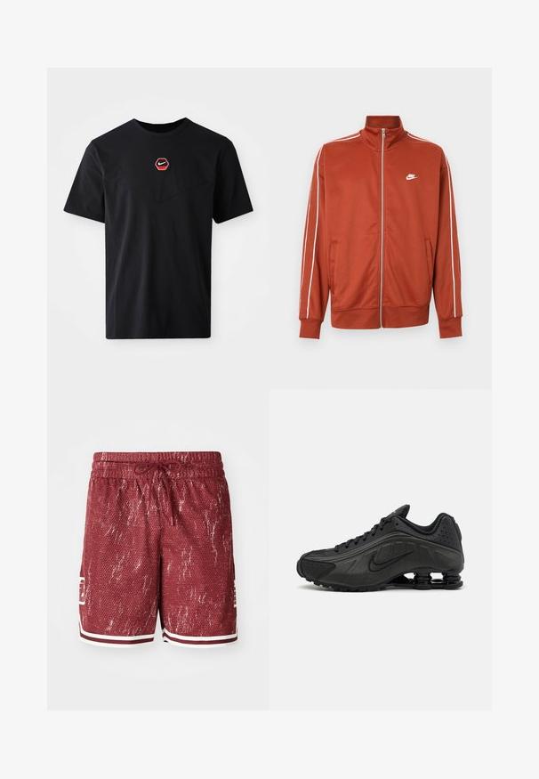 Športová bunda na zips v odtieni hrdzavo oranžovej farby s bielym lemovaním na rukávoch a malým bielym logom Nike na ľavej strane hrudníka.; Čierne tričko s krátkym rukávom z bavlny, s červeno-bielym šesťuholníkovým logom Nike na hrudi a zaobleným výstrihom.; Červené sieťované šortky s textúrovaným vzorom, bielymi akcentmi a pásom na stiahnutie. Obsahujú bočné vrecká a logo na ľavom stehne.; Čierne bežecké topánky s hladkým syntetickým zvrškom, perforovanými akcentmi, textúrovanými bočnými panelmi a výraznou pružnou podrážkou.