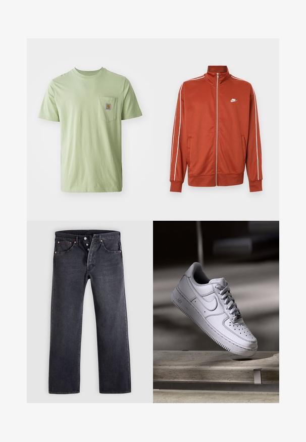 Rustorange sportstrøje med lynlås, hvide striber på ærmerne og lille hvid Nike-logo på venstre bryst.; Lysegrøn kortærmet t-shirt lavet af blødt stof, med en brystlomme der har et firkantet logo-patch. Enkel, udekoreret design.; Sorte denimjeans med lige snit, fem-lommer design og kobberknapdetaljer. Glat tekstur med let falmet finish.; Hvid læder Nike Air Force 1 sneaker med perforeret tå, flade snørebånd og tekstureret gummisål med "AIR" branding på siden.