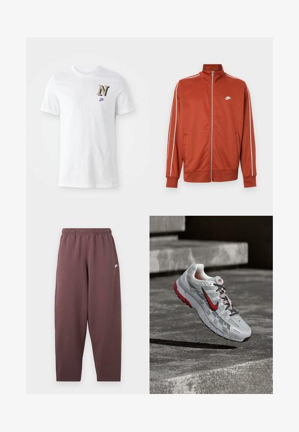Roestoranje sportjack met ritssluiting, witte bies op de mouwen en een klein wit Nike-logo op de linkerborst.; Witte katoenen t-shirt met een camouflagedessineerde "N" logo en een klein paars Nike swoosh op de borst. Klassiek ontwerp met een ronde hals.; Loszittende donkere mauve sweatpants met elastische tailleband en klein wit Nike-swooshlogo op de bovenkant van de dij.; Witte en grijze Nike hardloopschoen met rode accenten en zwarte veters, hangend boven grijze betonnen treden.