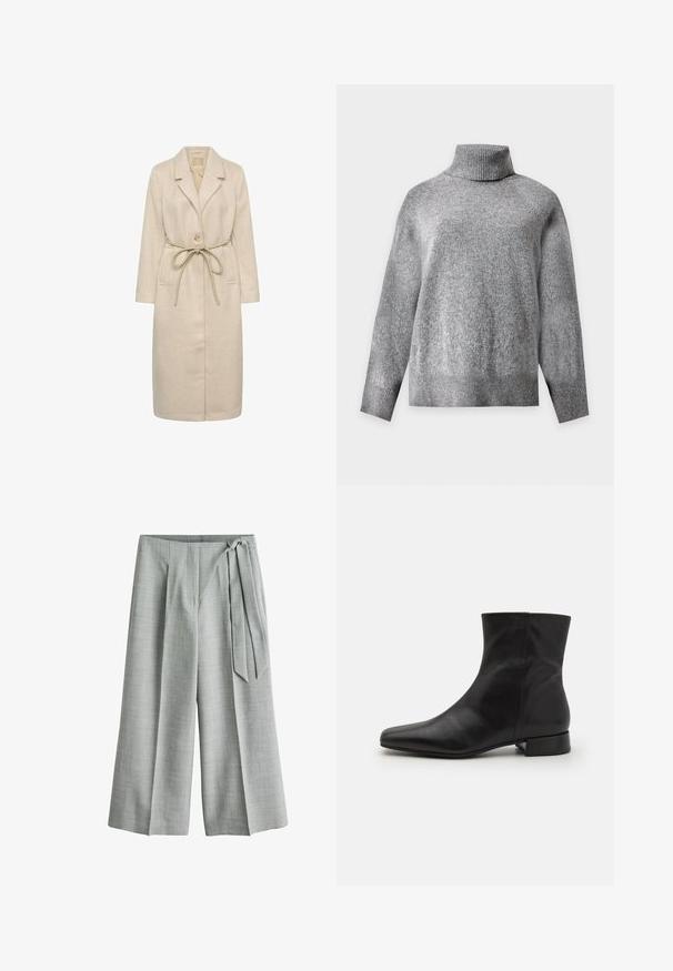 Beige langer Mantel aus strukturiertem Stoff, mit einem Reverskragen, einer einzigen Knopfverschluss und einem Taillengürtel. Enthält Seitentaschen.; Grau gestrickter Langarm-Rollkragenpullover mit gerippten Bündchen und Saum, dargestellt auf hellem einfarbigem Hintergrund.; Hellgraue, weit geschnittene Hosen mit hoher Taille und seitlichem Bindeband vor weißem Hintergrund.; Schwarze Lederknöchelstiefel mit spitz zulaufender Zehe, glatter Textur, minimalistischem Design und niedrigem Blockabsatz. Der seitliche Reißverschluss reicht bis zum Knöchel.