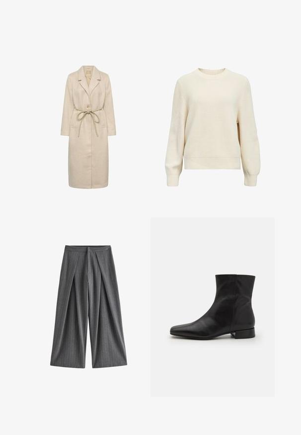 Beige lang frakke lavet af tekstureret stof, med reverskrave, enkelt knaplukning og en taljebånd. Inkluderer sidelommer.; Kremfarvet sweater lavet af struktureret strikstof, med rund hals, lange ærmer og ribstrikkede manchetter og kant. Enkel, ensfarvet design.; Grå pinstripe bukser med vide ben, frontplisser og høj talje, vist på hvid baggrund.; Sort læder ankelstøvle med spids tå, glat tekstur, minimalistisk design og en lav blokhæl. Sidelukning går op til anklen.