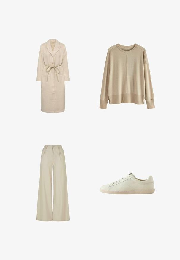 Beige lang frakke lavet af tekstureret stof, med reverskrave, enkelt knaplukning og en taljebånd. Inkluderer sidelommer.; Beige strikket sweater med en afslappet pasform, ribbede manchetter og kant, rund halsudskæring og dropped shoulders. Blød tekstur med minimale sømme.; Beige bukser med vide ben og høj talje, plisseringer foran, bæltestropper og lukning med knap.; Lavskaftet hvid lædersneakers med tekstureret overflade, snørelukning og en beige gummisål, vist fra siden på en hvid baggrund.