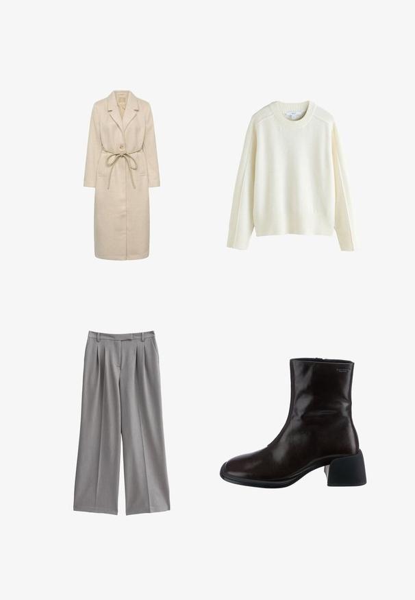 Beige lang jack van gestructureerde stof, met een gelapte kraag, enkele knoopsluiting en een tailleband. Inclusief zijzakken.; Next CREW NECK - Trui - ecru; Grijze wijde pantalon met een geplooid front, gemaakt van een gladde stof. Heeft een platte tailleband met riemlussen en zijzakken.; Vagabond ANSIE - Lage laarzen - braun
