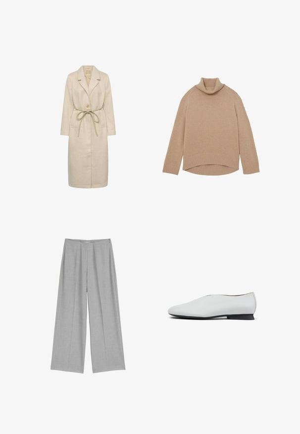 Beige lang frakke lavet af tekstureret stof, med reverskrave, enkelt knaplukning og en taljebånd. Inkluderer sidelommer.; Beige turtleneck sweater lavet af strikmateriale, med ribbede manchetter og søm, i en afslappet pasform og med split-søm design.; Lys grå bredbenede bukser med en plisseret front, der har en glat tekstur og en diskret sidelukning med lynlås.; Hvid lædersko med rundet tå og lav sort hæl, der har en glat tekstur og et enkelt, elegant silhuet.
