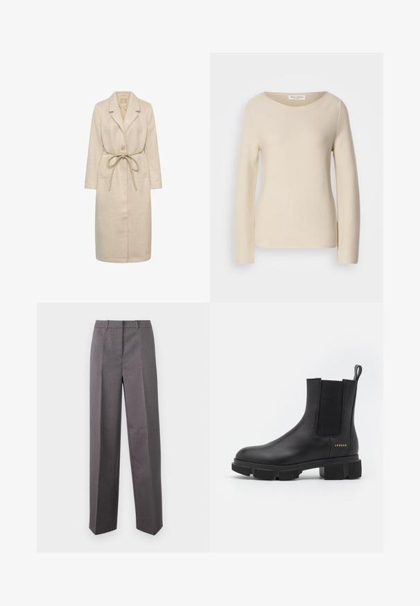 Manteau long beige en tissu texturé, avec un col à revers, une fermeture à un bouton et une ceinture à la taille. Comprend des poches latérales.; Pull en tricot beige avec des manches longues, un col arrondi et une texture lisse. Étiquette visible au niveau du cou, avec des détails en bord-côtes légers.; Pantalon tailleur gris en tissu texturé, avec une coupe droite, un devant plat et des passants de ceinture.; Bottines en cuir noir avec des panneaux élastiques sur les côtés et une semelle épaisse à crampons. Présentent une languette et un logo doré. Fini mat.