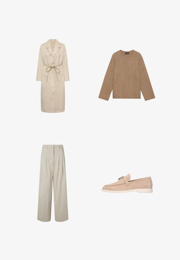 Beige lang frakke lavet af tekstureret stof, med reverskrave, enkelt knaplukning og en taljebånd. Inkluderer sidelommer.; Brun strikket sweater med rund hals og lange ærmer. Blød tekstur, afslappet pasform og ribbet kant ved ærmer og bund. Brandetiket inde ved halsudskæringen.; Beige bukser med høj talje og vide ben med plisseringer og bæltestropper, foran lynlås og en ren kant mod en hvid baggrund.; Beige ruskind slip-on loafer med hvid sål, metalspænde på toppen og "Melvin & Hamilton" præget på siden.