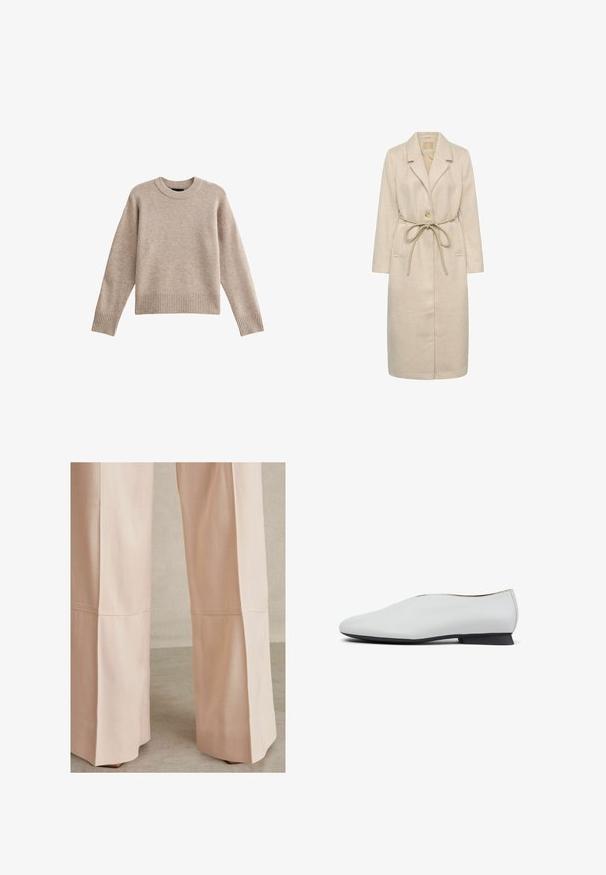 Abrigo largo beige hecho de tejido texturizado, con cuello de muesca, cierre de un solo botón y cinturón en la cintura. Incluye bolsillos laterales.; Suéter de punto beige con cuello redondo, puños y dobladillo acanalados. La textura de la tela es suave con un patrón sutil. Diseño de corte relajado.; Pantalones de pierna ancha en color rosa claro, con una tela texturizada, detalles de costura y un corte limpio en el dobladillo. Adecuados para uso casual o formal.; Zapato blanco de cuero con punta redondeada y tacón bajo negro, que presenta una textura lisa y una silueta simple y elegante.