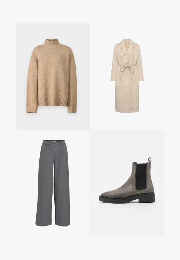 Beige lang frakke lavet af tekstureret stof, med reverskrave, enkelt knaplukning og en taljebånd. Inkluderer sidelommer.; Beige rullekravetrøje lavet af blødt, struktureret strikmateriale. Har ribbede manchetter og kant, samt en afslappet pasform. Klassisk og hyggeligt design.; Breddebenede bukser i lyst grå stof med smocket talje, frontfald og en glat, blød tekstur.; Grå læder chelsea støvle med tekstureret finish, elastiske sidedele, hængestrop og sort gummisål. Slank, taperet design med minimale accenter.