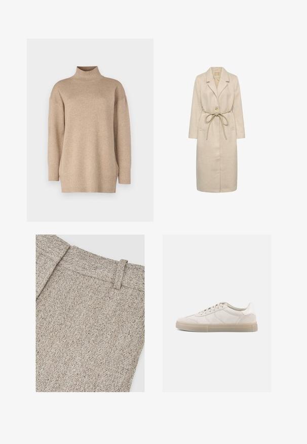 Beige lang jack van gestructureerde stof, met een gelapte kraag, enkele knoopsluiting en een tailleband. Inclusief zijzakken.; Beige coltrui met een ontspannen pasvorm, geribde zoom en manchetten, zachte textuur en licht afhangende schouders. Gemaakt van een lichtgewicht materiaal.; Visgraatpatroon stof in tinten beige en grijs, voorzien van een gestructureerde tailleband en een verfijnde weefstructuur.; Beige suède sneakers met een lage profiel, voorzien van een gestructureerd bovenwerk, tonale stiksels en een lichte rubberen zool. Veters maken het ontwerp compleet.