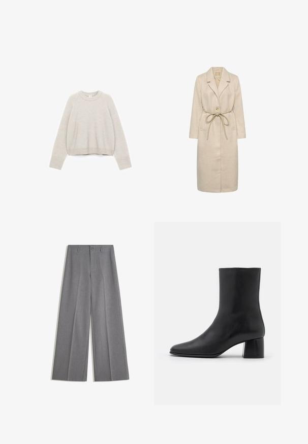 Manteau long beige en tissu texturé, avec un col à revers, une fermeture à un bouton et une ceinture à la taille. Comprend des poches latérales.; Pull court gris clair en tissu tricoté doux, avec un col rond, des poignets côtelés et une coupe décontractée.; Pantalons gris à larges jambes avec passants de ceinture, fermeture à bouton sur le devant et plis marqués le long de chaque jambe.; Bottine en cuir noir avec un bout pointu et un talon carré épais. Texture lisse avec un design sans coutures et descoutures minimalistes.
