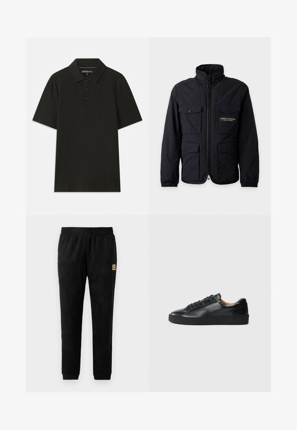 Chaqueta negra con cremallera, cuatro bolsillos delanteros con solapa y etiqueta "Armani Exchange Milano New York" en el bolsillo superior izquierdo del pecho.; Polo negro hecho de tejido texturizado. Cuenta con una tapeta de tres botones y un cuello estándar. Mangas cortas y dobladillo recto.; Pantalones jogger de velour negro con cintura elástica, tobillos con puños, bolsillos laterales y pequeño parche del logo beige EA7 Emporio Armani en el muslo.; Zapatilla negra de cuero con una textura suave, puntera redonda y cierre de cordones. Presenta una suela de goma gruesa y un detalle de marca mínimo.