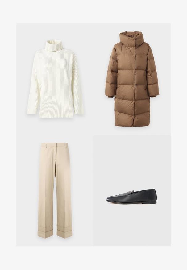 Brun oppustet frakke med høj krave, lynlås fortil og ribbede manchetter. Konstrueret med en puffy tekstur og rektangulært quiltet design.; Cremefarvet ribbet turtleneck trøje med lange ærmer og løs pasform. Den bløde tekstur og det sømløse design øger komforten.; Beige bukser med lige pasform, der har en dobbelt manchet i kanten og en flad frontdesign. Lavet af glat, slidstærkt stof.; Sorte læderloafers med en glat tekstur, rundet tå og subtile syningsdetaljer. Har en guldfarvet logoaccent på oversiden.