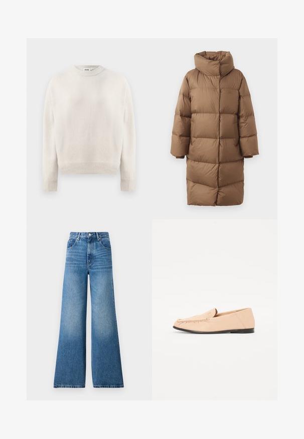Brun oppustet frakke med høj krave, lynlås fortil og ribbede manchetter. Konstrueret med en puffy tekstur og rektangulært quiltet design.; Cremefarvet strikket sweater med lange ærmer, ribbede manchetter, kant og rund halsudskæring, mærket "DRYKORN" inden i kraven.; Højtaljede blå denim jeans med bred benklip, der har lys afblegning, klassisk fem-lomme design og metalknaplukning.; Beige læder loafers med syet detaljer, en flad sort sål og en rund tå. Minimalistisk design uden fremtrædende hardware eller accenter.