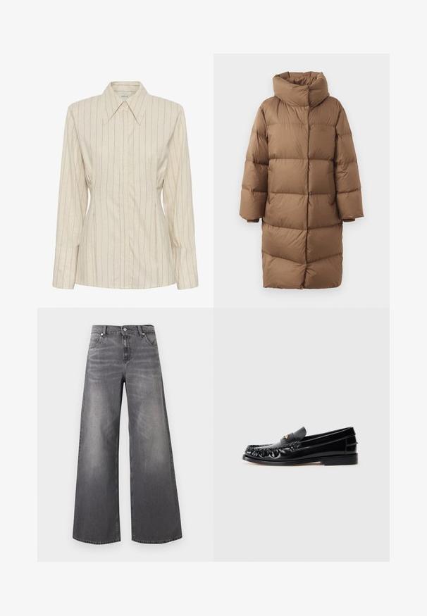 Manteau rembourré marron avec un col haut, une fermeture éclair à l'avant et des poignets côtelés. Conçu avec une texture gonflée et un motif de matelassage rectangulaire.; Blouse beige à manches longues avec boutons, fines rayures verticales et col pointu.; Jean à jambe large en denim gris foncé délavé. Comprend une ceinture classique, cinq poches et de légères usures près de l'avant.; Mocassins en cuir noir avec un bout arrondi, des coutures décoratives et un petit accent doré sur le dessus. Semelle en caoutchouc plate, design épuré.