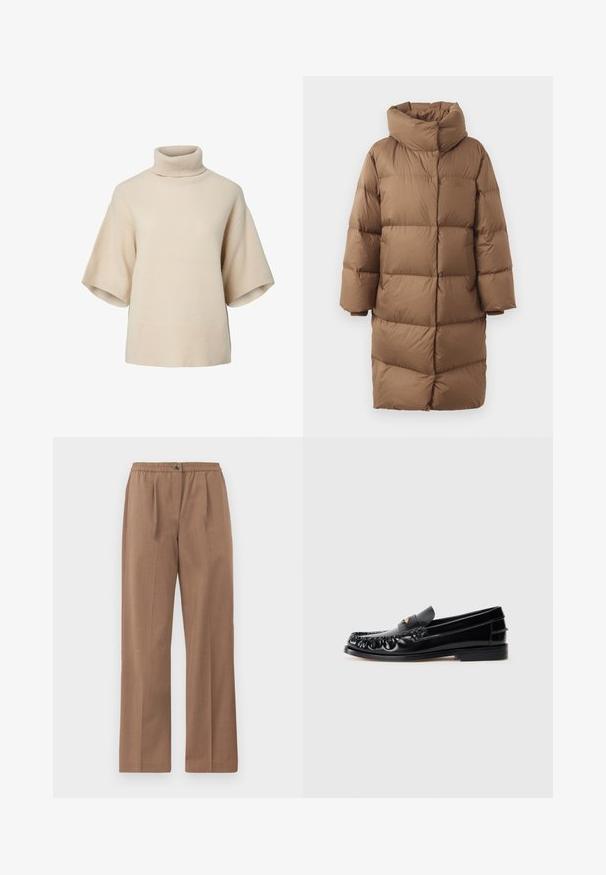 Manteau rembourré marron avec un col haut, une fermeture éclair à l'avant et des poignets côtelés. Conçu avec une texture gonflée et un motif de matelassage rectangulaire.; Pull beige en maille à col roulé avec manches courtes larges et ourlet côtelé sur fond uni.; Pantalons marron à jambes larges avec une taille élastique et une fermeture à bouton. Texture lisse avec un léger éclat et sans motifs visibles.; Mocassins en cuir noir avec un bout arrondi, des coutures décoratives et un petit accent doré sur le dessus. Semelle en caoutchouc plate, design épuré.