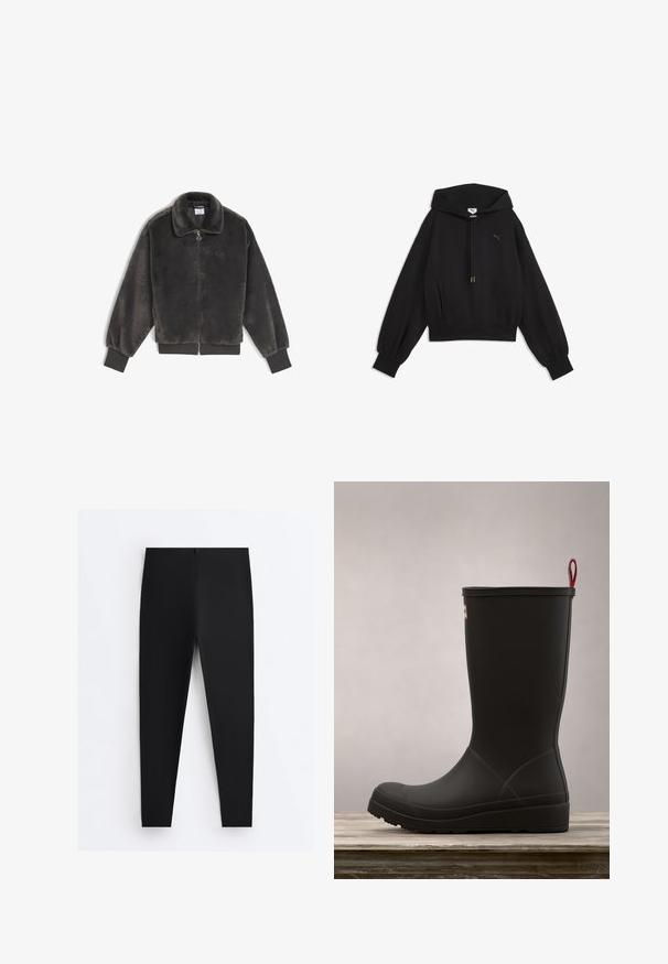 Mørkegrå kunstpels zip-up jakke med ribbede manchetter og kant, ståkrave og diskret logo på venstre bryst.; Sort langærmet hættetrøje med snøre, ribkant ved ærmer og bund, samt lille Puma-logo på venstre bryst.; Sorte tætsiddende leggings med højt liv og glat stof, vist fladt mod en hvid baggrund.; Sort gummistøvle med vandtæt design, rund tå, tekstureret overdel og hvid og rød hælrem. Logo placeret på oversiden. Flad sål.
