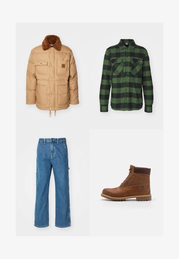 Chaqueta tipo puff de color marrón con un collar de piel sintética marrón, dos bolsillos en el pecho y dos bolsillos inferiores. Presenta herrajes dorados y un dobladillo con cordón.; Camisa de franela a cuadros verde y negra con dos bolsillos en el pecho, cierre de botones, mangas largas y cuello puntiagudo. Textura suave.; Pantalones cargo de mezclilla azul con un corte relajado, que cuentan con bolsillos laterales, cremallera en la bragueta y costuras de contraste en las costuras.; Botas de senderismo de cuero marrón con un acabado suave, tobillo acolchado, ojales de metal y suela de goma con un patrón de tracción robusto.