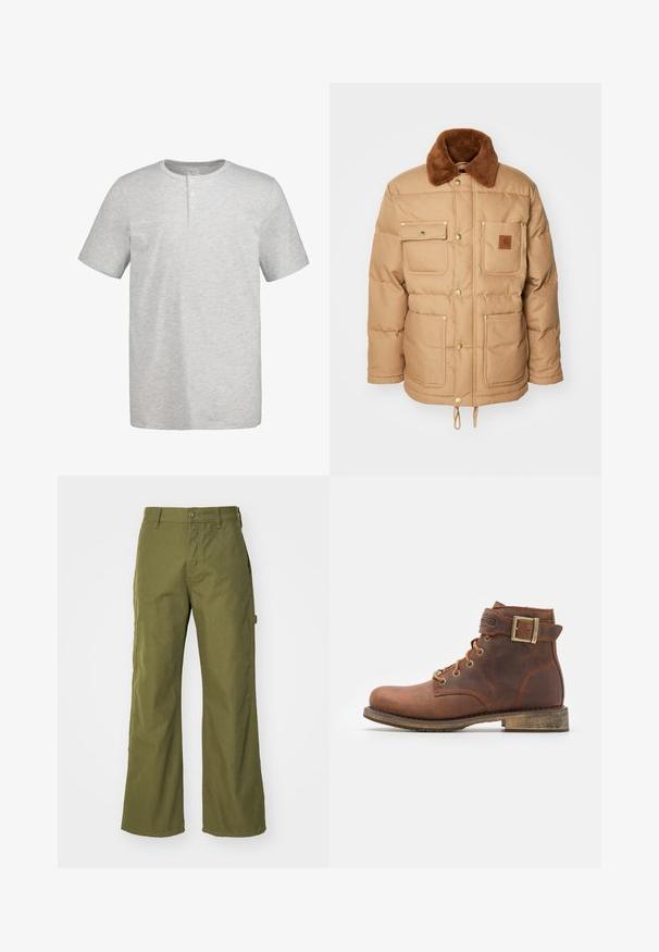 Chaqueta tipo puff de color marrón con un collar de piel sintética marrón, dos bolsillos en el pecho y dos bolsillos inferiores. Presenta herrajes dorados y un dobladillo con cordón.; Camiseta henley de manga corta de color gris claro con cuello redondo y tres botones blancos en la tapeta frontal.; Pantalones de pernera ancha en verde oliva, confeccionados con una tela resistente, que presentan un cierre de botón, bolsillos laterales y un diseño de dobladillo recto.; Harley Davidson VNTGMOTO SHORT RIDING APPROVED - Botines camperos - brown