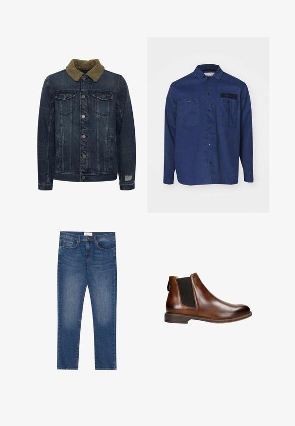 Denimjakke i mørkeblå med en tanfarvet imiteret shearling-krave. Har to brystlommer, sølvfarvede knapper og en let slidt tekstur.; Mørkeblå denimskjorte med lange ærmer, spidse krave, to brystlommer og et sort logo-patch på øvre venstre side.; Herre blå denim jeans med lige pasform, fem lommer, let falmning og standard knap- og lynlås lukning.; Brune læder Chelsea-støvle med elastiske sidepaneler, rund tå og en lav stablet hæl. Har en glat overflade og minimale syningsdetaljer.