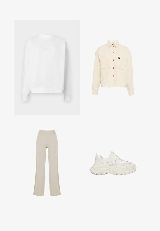 Crème corduroy overhemd met een knoopsluiting aan de voorkant, twee borstzakken en een klein label. Beschikt over een klassiek kraag en ribbeltextuur.; Witte sweatshirt met een ronde hals en lange mouwen. De voorkant toont een reflecterende logo "PEGADOR" in een minimalistisch ontwerp.; Beige wijde broek met een gladde ribbelstructuur, elastische tailleband en geen zichtbare versieringen, die een ontspannen silhouet biedt.; Robuuste witte sneakers met een textuur bovenkant met mesh details, dikke rubberen zool, ronde neus en decoratieve accenten aan de zijkanten.