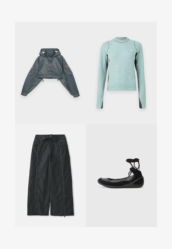 Veste de pluie grise raccourcie avec capuche, manches longues, ourlet élastique, deux poches latérales et accents jaunes sur la manche gauche. Texture lisse.; Chemise à manches longues vert clair avec un col haut, présentant des accents gris et un tissu texturé. Petit logo sur la poitrine.; Pantalons larges noirs en matière légère, dotés de motifs texturés sur les côtés et d'ouvertures zippées aux ourlets.; Des ballerines noires en suède, avec une semelle en caoutchouc et des lacets entrecroisés. Présentant un bout rond et une accent latéral texturé.