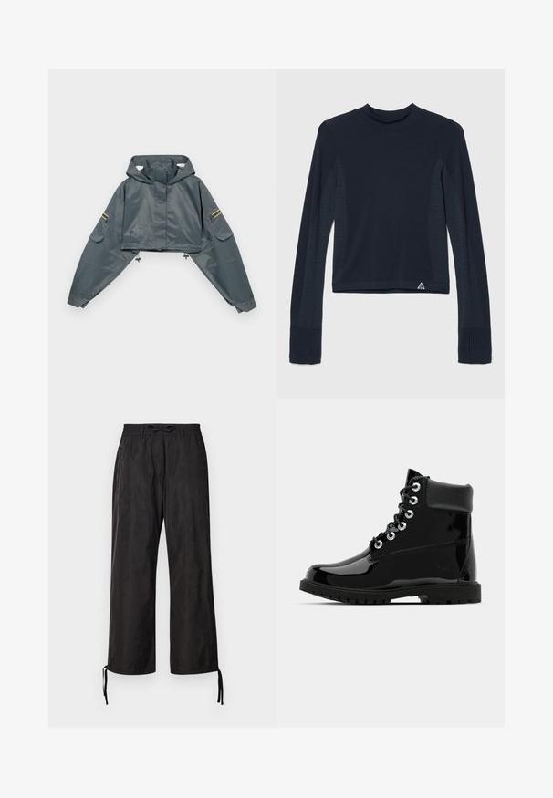 Veste de pluie grise raccourcie avec capuche, manches longues, ourlet élastique, deux poches latérales et accents jaunes sur la manche gauche. Texture lisse.; Haut à manches longues en navy avec une texture côtelée, présentant des accents à pois le long des manches et un col haut. Logo de la marque en bas à gauche.; Pantalons noirs amples avec une taille élastique et des cordons ajustables aux chevilles. Tissu lisse avec un léger éclat.; Bottes noires brillantes à la cheville avec une finition en cuir verni lisse, bout rond, laçage à six œillets et semelle en caoutchouc robuste.