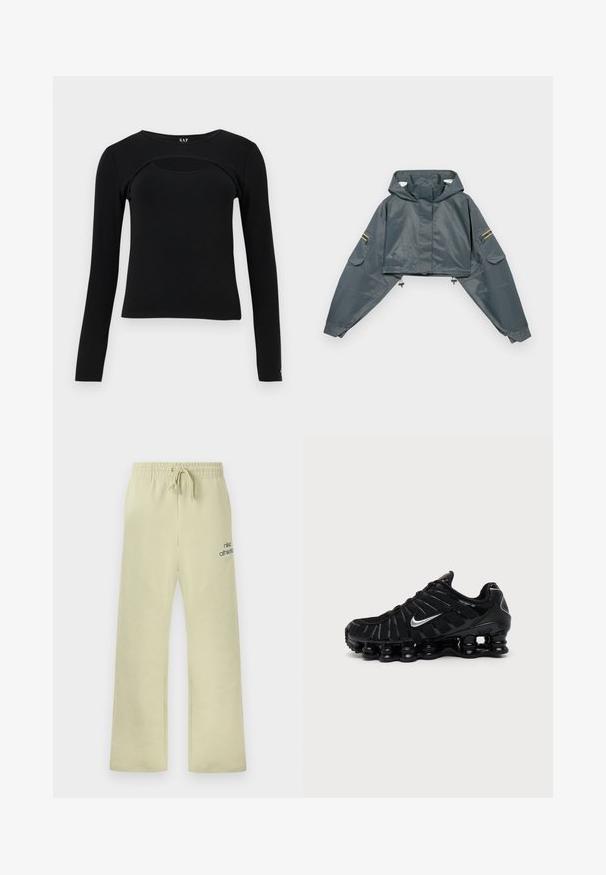 Veste de pluie grise raccourcie avec capuche, manches longues, ourlet élastique, deux poches latérales et accents jaunes sur la manche gauche. Texture lisse.; Haut noir à manches longues ajusté avec un col rond et une découpe incurvée sur la partie supérieure de la poitrine, étiquette GAP à l'intérieur du col.; Pantalon de survêtement beige Nike avec ceinture élastique, cordon de serrage, coupe ample, et le texte "nike athletics" avec le logo swoosh sur la cuisse gauche.; Chaussure de sport Nike noire avec logo Swoosh argenté, tige en mesh et synthétique, et semelle coussinée segmentée distinctive.