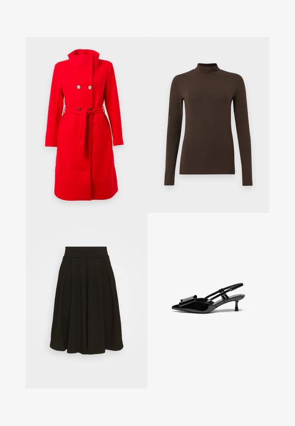 Roter doppelt-knöpfbarer Mantel mit hohem Kragen, tailliertem Bund und zwei Fronttaschen. Hergestellt aus glattem Stoff mit klarer Silhouette und minimalen Details.; Braunes langärmliges Rollkragenoberteil aus weichem Stoff. Figurbetontes Design mit hohem Hals und nahtlosen Ärmeln. Keine sichtbaren Muster oder Hardware.; Schwarz gefaltetem Rock mit einem breiten, elastischen Bund. Hergestellt aus einem weichen Stoff, mit einem knielangen Saum und glatter Textur.; Schwarze Lackleder-Slingbacks mit spitzer Zehenpartie, einer Schleifendetail an der Vorderseite und einem kleinen Stiletto-Absatz. Die Riemen haben verstellbare Schnallen.