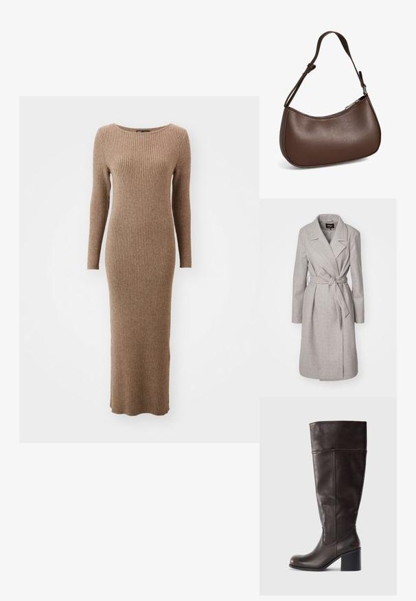 Abrigo de mezcla de lana de color gris claro con mangas largas, cintura ceñida por un cinturón, cuello con muesca y dos bolsillos frontales. Presenta una textura suave y lisa.; Vestido de manga larga de canalé en un cálido color marrón, con un escote redondo y un diseño ajustado que llega hasta los tobillos.; Bota de cuero marrón hasta la rodilla con puntera redonda y tacón apilado. Presenta una textura suave y detalle de costura lateral.; Pequeño bolso bandolera de cuero marrón con correa ajustable y cierre de cremallera, mostrado sobre un fondo blanco. Sin logotipos ni adornos visibles.