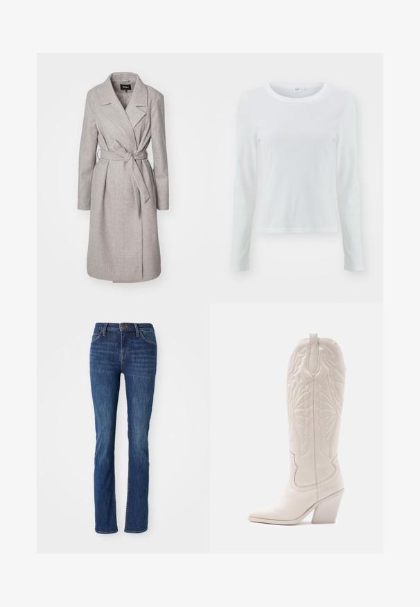 Manteau en mélange de laine gris clair avec des manches longues, une taille ceinturée, un col à revers et deux poches avant. Présente une texture lisse et douce.; GAP TEE - T-shirt à manches longues - white; Jeans droits bleus avec une légère décoloration, poches avant, passants de ceinture et fermeture à bouton sur fond blanc.; Bottine de cowboy en cuir blanc avec un bout pointu et un talon bloc. Présente des motifs de broderie complexes sur la tige et une texture lisse.