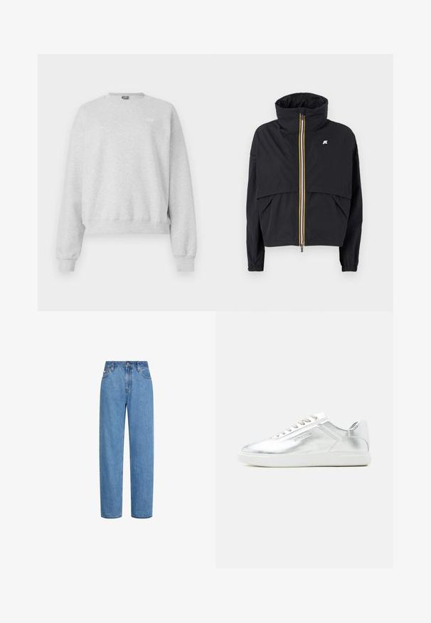 Mustmust mustrüga, millel on kõrge krae, eesnepp ja värvilised aktsendid, ning kaks suurt eesmist taskut. Pehme tekstuur, lühike disain.; Hallhalli hall sweatshirt pehmest puuvillaseguses, ümmarguse kaelusega, pika varrukaga ja ribaga ääristusega. Ees väike logo detail.; Sirged sinise teksapüksid kõrge vöökohaga, eesmine nööp ja taskud, valgel taustal.; Madala kärjekohaga metallhalli värvi toss valge tallaga ja paeltega, sileda tekstuuriga ning peene reljeefse brändinguga külgedel.