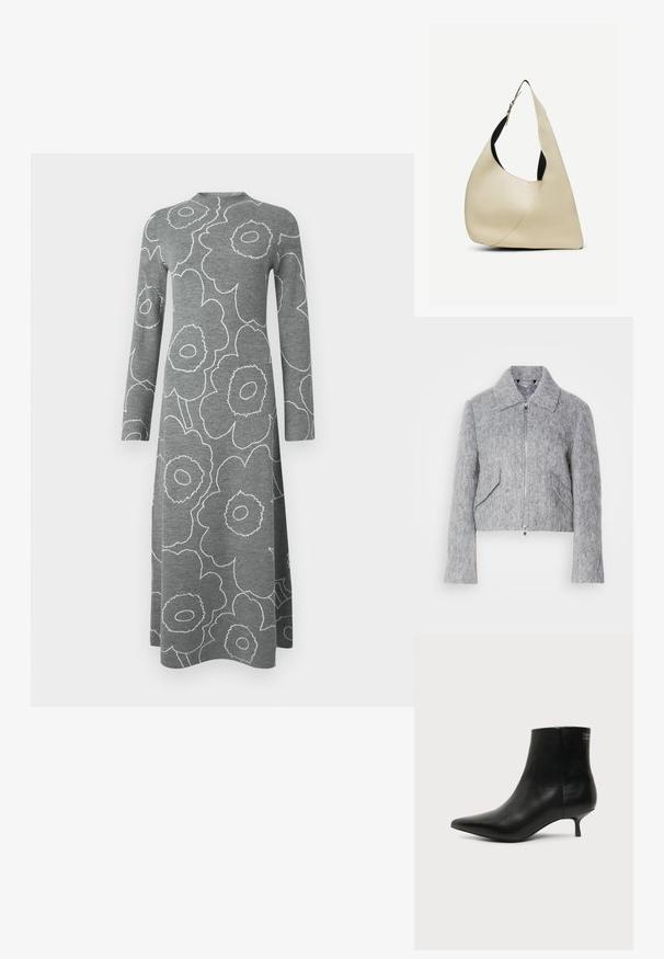 Veste grise courte en matériau feutré, avec une fermeture éclair à l'avant, un grand col et deux poches avant inclinées. Texture lisse sur toute la surface.; Robe midi à manches longues grise avec de grands motifs floraux blancs en contour et un col haut arrondi sur un fond uni.; Bottine en cuir noir avec bout pointu et petit talon kitten sur fond clair, vue côté extérieur.; Sac à bandoulière en cuir lisse couleur crème, de forme triangulaire arrondie, avec une sangle réglable et une boucle en argent.