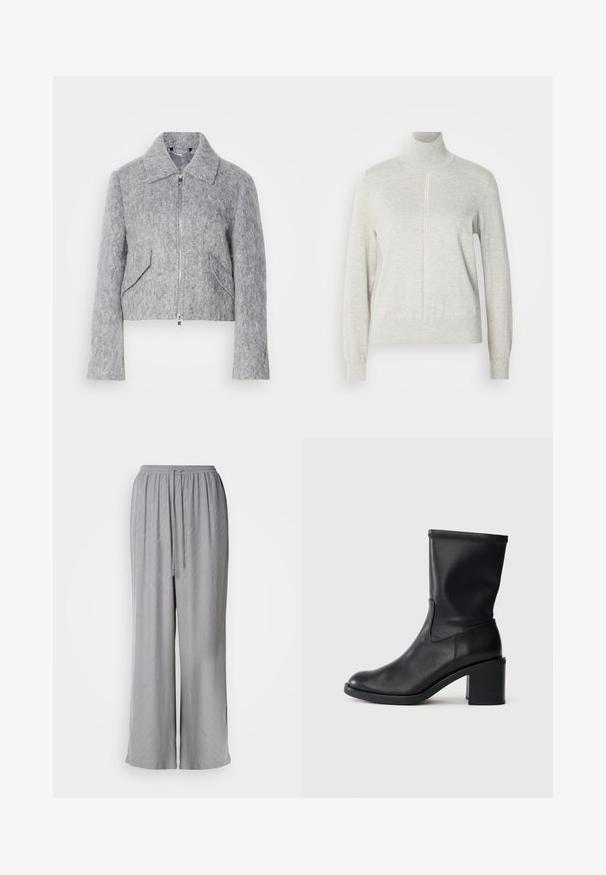 Grijze cropped jas van viltmaterialen, met een rits aan de voorkant, een grote kraag en twee schuine voorzakken. Glad textuur overal.; Lichtgrijze trui met een hoge kraag en een kwart rits. Gemaakt van een zacht, gevarieerd materiaal, met lange mouwen en een strakke zoom.; Lichtgrijze wijde broek van zacht materiaal, met een elastische tailleband met een trekkoord en subtiele diagonale patronen.; Zwarte leren enkellaars met een ronde neus, een gladde textuur en een chunky hak, met een strak schacht en subtiele stiksels.