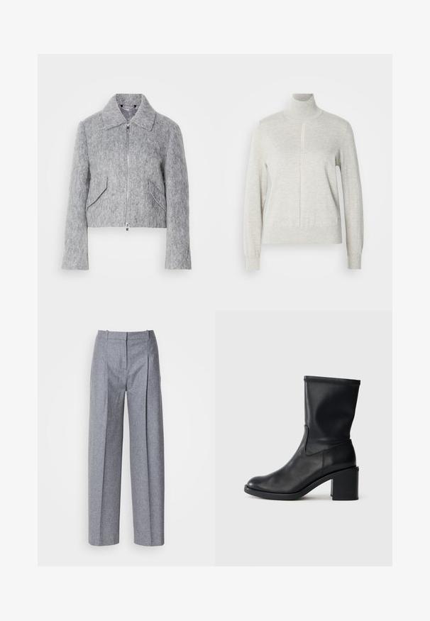 Grå kort jakke lavet af filtmateriale, med lynlås fortil, stor krave og to skrå forlommer. Glat tekstur overalt.; Lys grå sweater med høj krave og kvart lynlås. Lavet af et blødt, struktureret materiale, der har lange ærmer og en tætsiddende kant.; Lys grå bredbenede bukser i et struktureret stof, med plisseringer foran og en skræddersyet talje. Minimalistisk design, ingen synlig hardware.; Sort læder ankelstøvle med rund tå, glat tekstur og en grov hæl, der har et tætsiddende skaft og subtil syning.