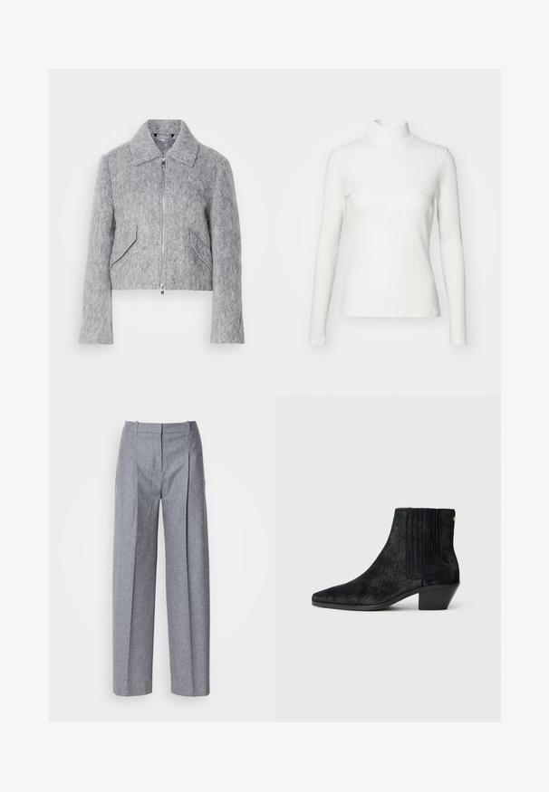 Veste grise courte en matériau feutré, avec une fermeture éclair à l'avant, un grand col et deux poches avant inclinées. Texture lisse sur toute la surface.; Haut col roulé blanc à côtes avec des manches longues, fabriqué en tissu extensible. Présente un design ajusté et un encolure haute pour plus de couverture.; Pantalons larges gris clair en tissu texturé, avec des plis à l'avant et une taille cintrée. Design minimaliste, sans matériel visible.; Bottine noire à bout pointu, en matériau texturé imitant les cheveux, avec un panneau latéral à nervures et un petit talon carré. Un design simple et moderne.