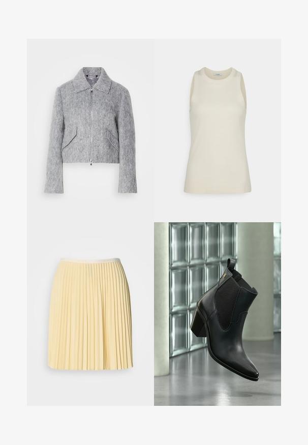 Veste grise courte en matériau feutré, avec une fermeture éclair à l'avant, un grand col et deux poches avant inclinées. Texture lisse sur toute la surface.; IVY OAK KLARA ANN - Débardeur - almond milk; Jupe plissée jaune pâle avec une taille portant le logo Lacoste. Fabriquée en matériau léger, elle présente un design fluide et une texture douce.; Bottine noire en cuir avec talon bloc et panneau latéral élastique, flottant à l'intérieur devant un mur en blocs de verre et un sol en béton.