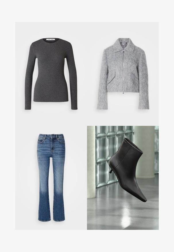 Veste grise courte en matériau feutré, avec une fermeture éclair à l'avant, un grand col et deux poches avant inclinées. Texture lisse sur toute la surface.; Haut à manches longues et col rond en gris foncé, fabriqué à partir d'un tissu côtelé avec une coupe ajustée, présentant une texture lisse et un minimalisme dans les détails.; Jean flare en denim avec un dégradé de bleu clair à foncé, taille haute, cinq poches et un léger délavage sur le bas des jambes.; Bottine en cuir noir avec bout pointu et petit talon, présentée devant un mur en blocs de verre et un sol poli.