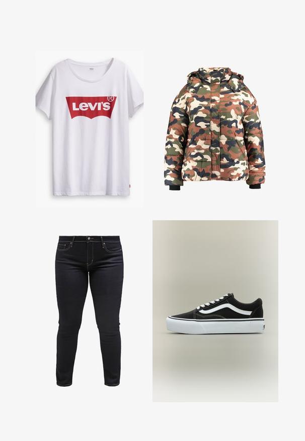 Doudoune camouflage comprenant un mélange de couleurs marron, vert et crème, avec une capuche et des poignets côtelés. Son design matelassé ajoute de la texture.; T-shirt en coton blanc avec un logo rouge Levi's en forme d'étiquette rouge. Manches courtes et encolure ronde, coupe décontractée.; Jean slim bleu foncé en denim, avec un design classique à cinq poches, des coutures orange contrastantes et une fermeture éclair avec bouton.; Baskets basses noires avec bande blanche latérale, lacets blancs, semelle en caoutchouc blanche et bout texturé sur fond neutre.
