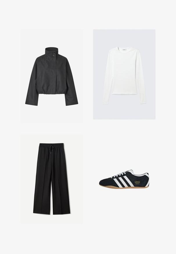 Bijgesneden zwarte jas metstaande kraag, twee knopen aan de voorkant en een elastische zoom; voorzien van raglanmouwen en zijzakken.; Effen wit shirt met lange mouwen en ronde hals, slim fit, afgebeeld tegen een lichtgrijze achtergrond.; Zwarte wijde broek van zachte stof. Voorzien van een elastische tailleband met een trekkoord en twee zijzakken. Platte voorkant met plooien.; Zwarte suède sneaker met witte drie strepen, gouden logo en een bruine rubberen zool. Heeft een laag profiel vetersluiting ontwerp.