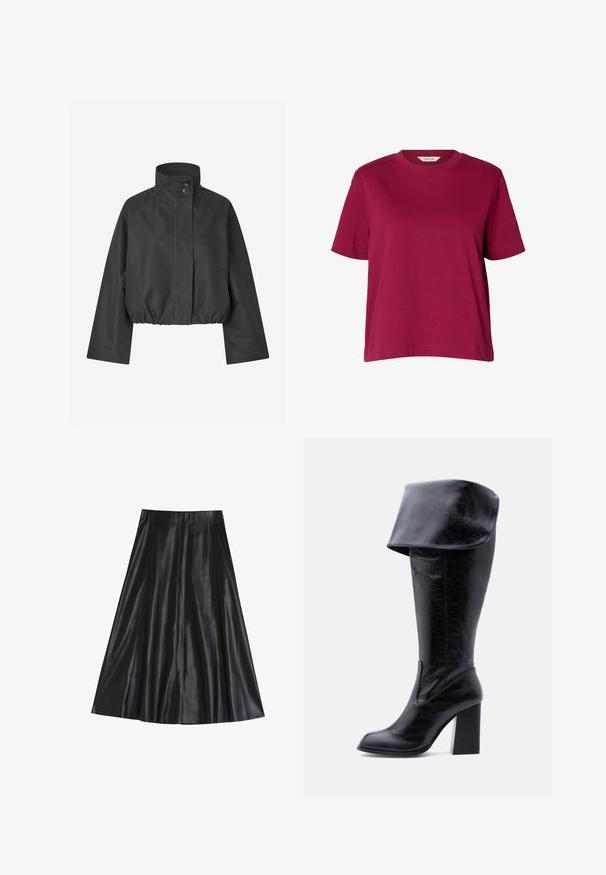 Bijgesneden zwarte jas metstaande kraag, twee knopen aan de voorkant en een elastische zoom; voorzien van raglanmouwen en zijzakken.; Effen bordeaux rood T-shirt met korte mouwen en ronde hals, losse pasvorm, weergegeven op een effen witte achtergrond.; Zwarte leren midi-rok met een uitlopende vorm, met een gladde textuur en een geplooid ontwerp voor extra volume. Geen zichtbare hardware of accenten.; Hoge zwarte leren laars met hak, een omgeslagen boord en een ronde neus, rechtopstaand tegen een witte achtergrond.