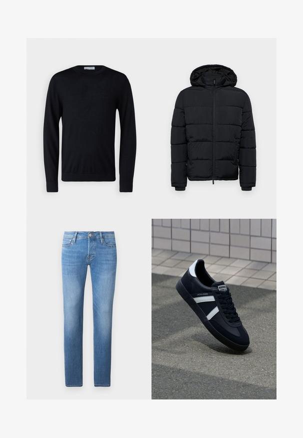 Chaqueta de plumón negra con capucha, con cremallera frontal, diseño acolchado horizontal y puños elásticos. Dos bolsillos laterales con cremalleras.; Jersey negro de manga larga con cuello redondo y puños y dobladillo acanalados, mostrado sobre un fondo blanco.; Vaqueros de mezclilla azul claro con corte recto, que cuentan con un cierre de botón y cremallera, cinco bolsillos y un desgaste sutil.; Zapatilla de cuero negra con rayas blancas, suela de goma texturizada y parte frontal con cordones. Cuenta con una etiqueta de marca en la lengüeta.