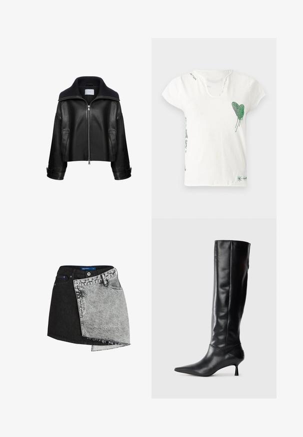 Zwart leren cropped jack met een grote marineblauwe gebreide kraag, voorkant met ritssluiting en opgerolde mouwen. Heeft zijzakken en een slank ontwerp.; Wit katoenen T-shirt met een ronde hals, korte mouwen en een groen kristallen hartontwerp op de linkerborst. Voorzien van decoratieve groene accenten.; Denim rok met een zwart en grijs kleurblokk ontwerp, onafgewerkte zoom en een aansluitende tailleband met knoopsluiting.; Zwarte leren kniehoge laars met een spitse neus en slanke gebogen hak. Gladde textuur, aansluitend ontwerp en geen zichtbare hardware of patronen.
