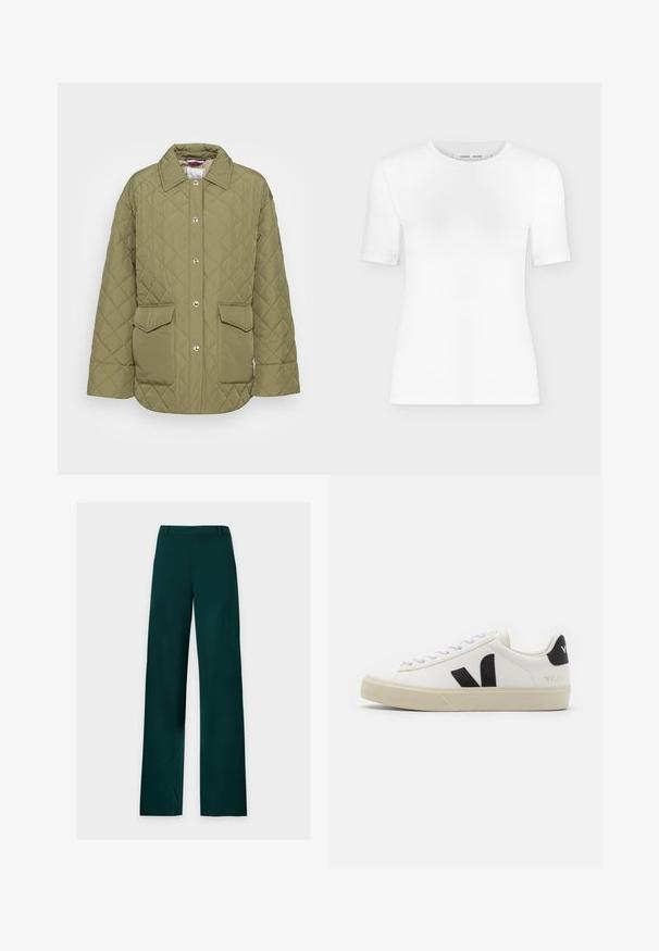 Veste matelassée olive avec un col, des boutons pression, deux poches avant et une texture lisse. Présente un motif en losange sur l'ensemble.; T-shirt blanc à manches courtes avec col rond, coupe slim et texture de tissu côtelé, présenté sur un fond uni gris clair.; Pantalon vert foncé à jambes droites, passants de ceinture, fermeture éclair à l'avant et jambes larges, posé à plat sur un fond blanc.; Baskets en cuir blanc avec un logo V en caoutchouc noir. Semelle texturée blanc cassé, lacets blancs et détail sur le talon arrière portant le nom de la marque en noir.