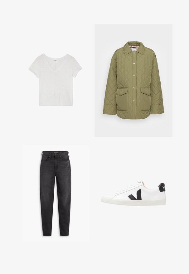 Chaqueta acolchada de color verde oliva con cuello, botones a presión, dos bolsillos delanteros y una textura suave. Presenta un patrón de diamantes en toda su superficie.; Camiseta cortada blanca con escote en V y mangas cortas, hecha de una tela ligera y ligeramente texturizada. Mínimas etiquetas visibles cerca del cuello.; Jeans ajustados de talle alto y color negro, con bolsillos delanteros y traseros, cierre de botón y pasadores para cinturón, exhibidos sobre un fondo blanco.; Zapatilla blanca con un logo en V negro, con una parte superior de cuero liso, puntera redonda, cierre de cordones y una lengüeta en el talón de color negro en contraste.